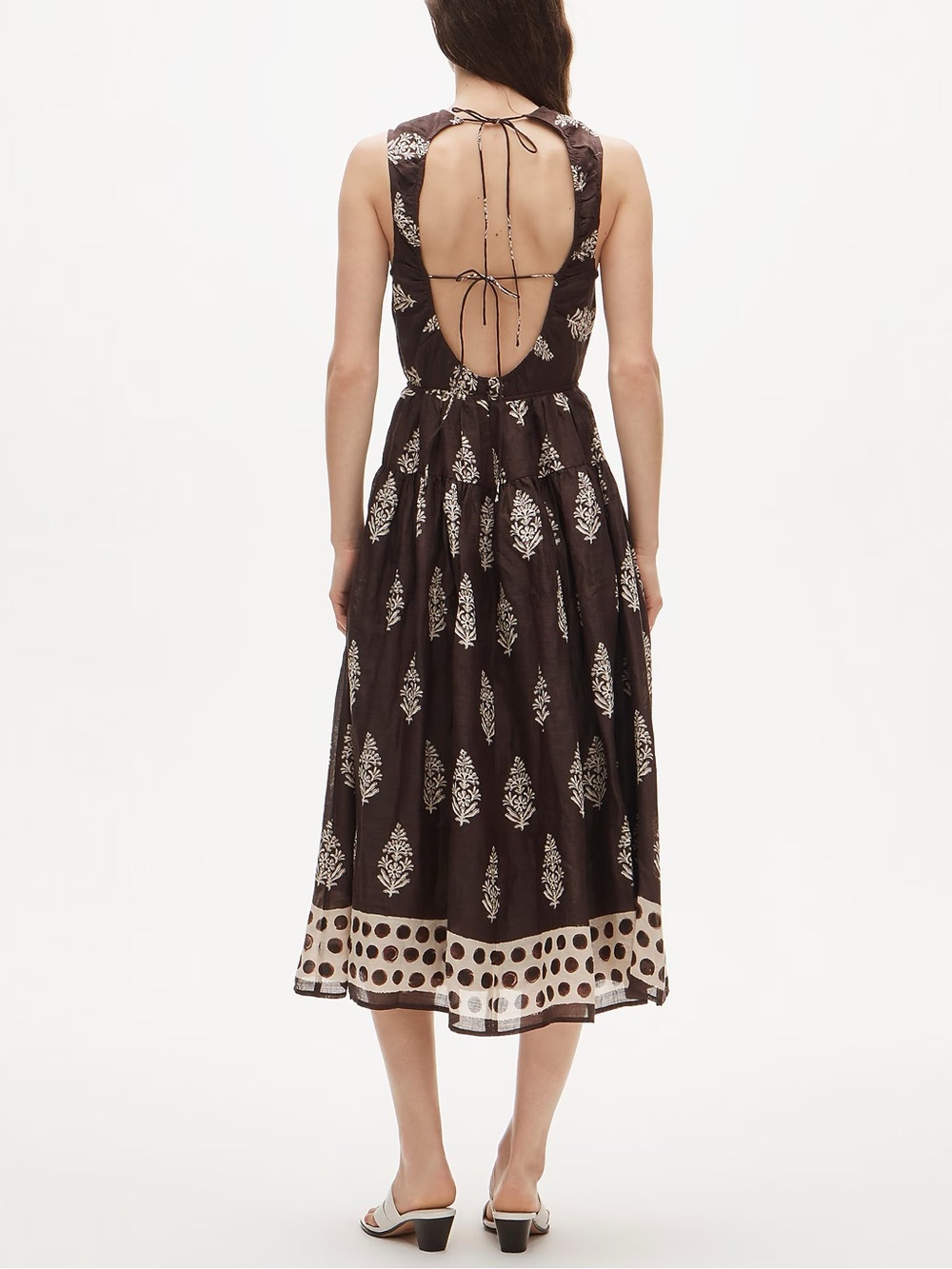 J. Crew Brown Sleeveless Block-Print Midi Dress with Cream Border - Picture 2 of 5